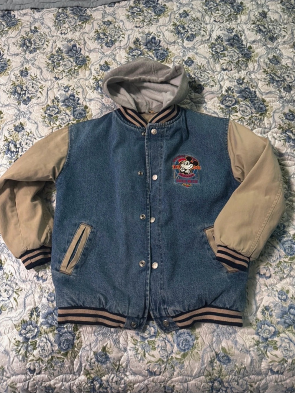 Disney Blue Denim Jacket with Tan Sleeves and Gray Hood